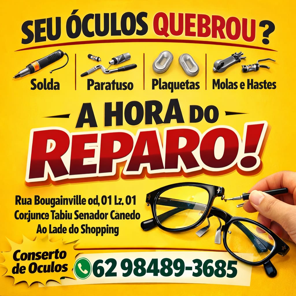 Conserto de óculos sendo realizado na oficina