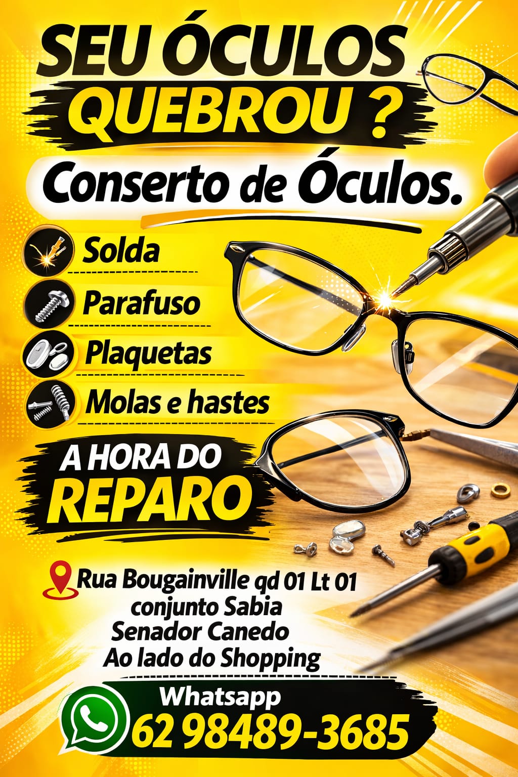 Serviços de conserto de óculos: solda, parafuso, plaquetas, molas e hastes
